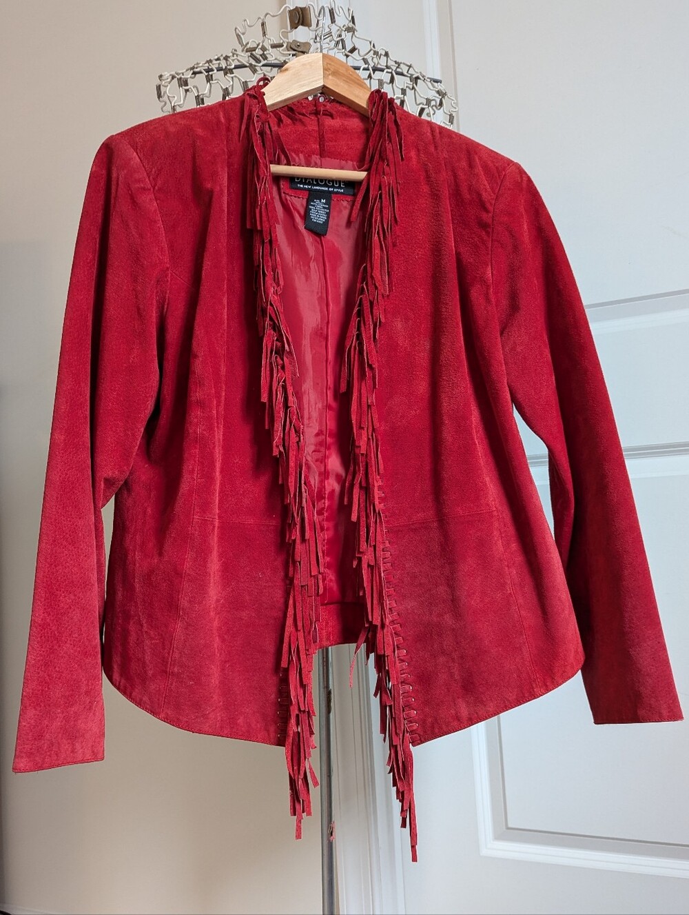 Dialogue Red Suede Fringe Open-Front Jacket